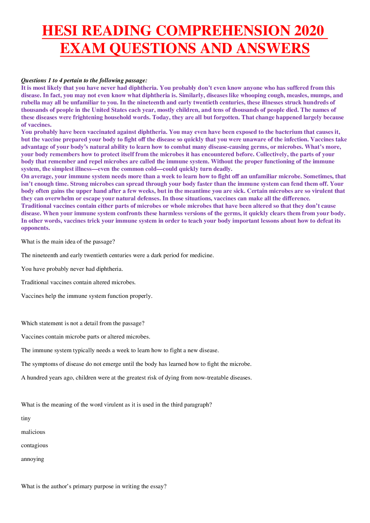 Preview of HESI READING COMPREHENSION 2020 EXAM QUESTIONS AND ANSWERS